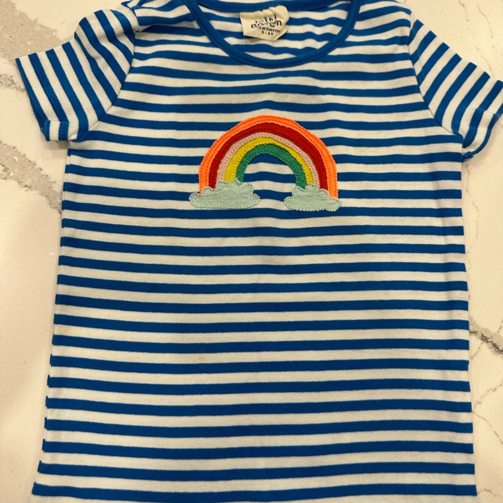 EUC Mini Boden Blue and White Short Sleeve Tee with Embroidered Rainbow
